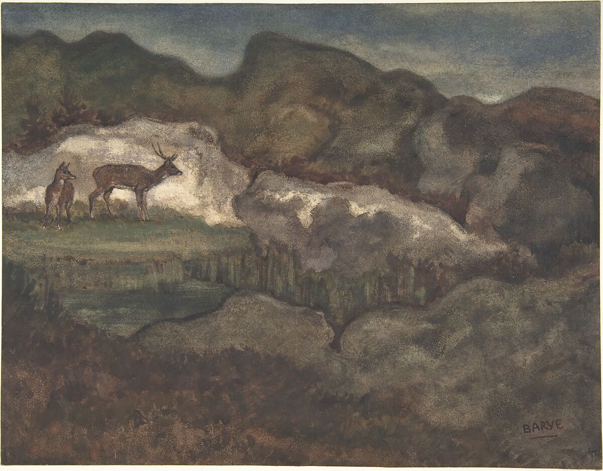 Izards in the Glaciers (Pyrenean Chamois), Antoine-Louis Barye (French, Paris 1795–1875 Paris), Watercolor on wove paper 