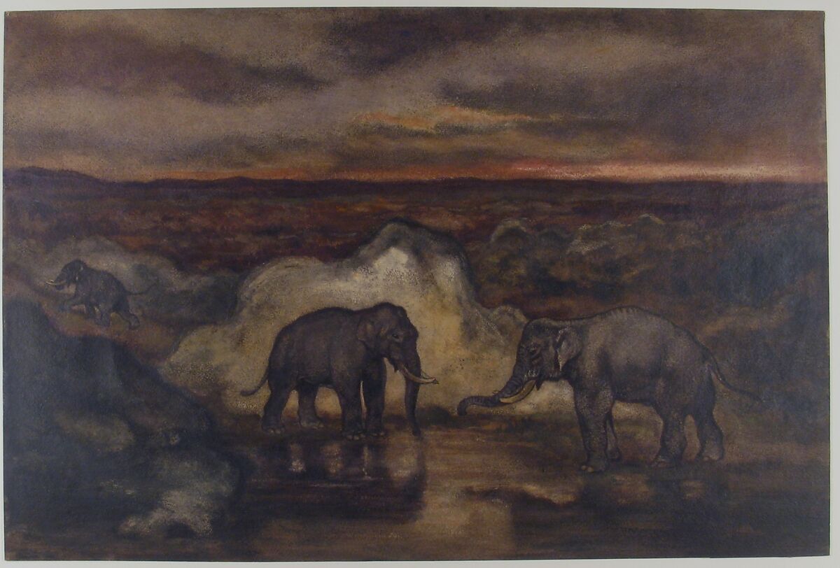 Elephants by a Pool, Antoine-Louis Barye (French, Paris 1795–1875 Paris), Watercolor on wove paper