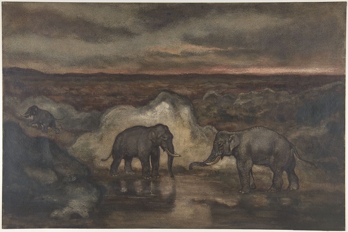 Elephants by a Pool, Antoine-Louis Barye (French, Paris 1795–1875 Paris), Watercolor on wove paper 