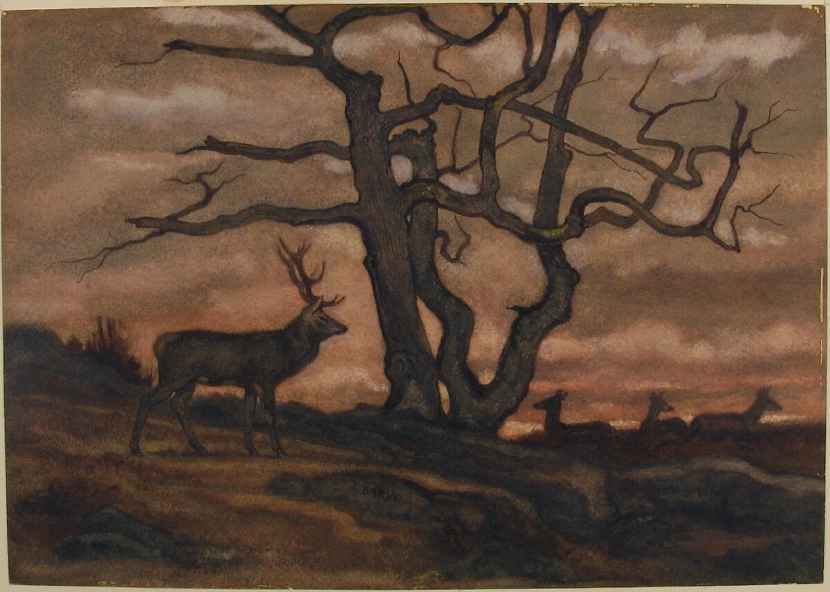 Deer and Tree Against Sunset, Antoine-Louis Barye (French, Paris 1795–1875 Paris), Watercolor on wove paper