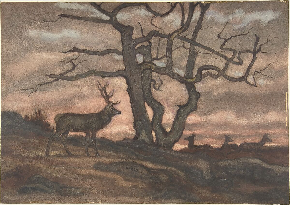 Deer and Tree Against Sunset, Antoine-Louis Barye (French, Paris 1795–1875 Paris), Watercolor on wove paper 