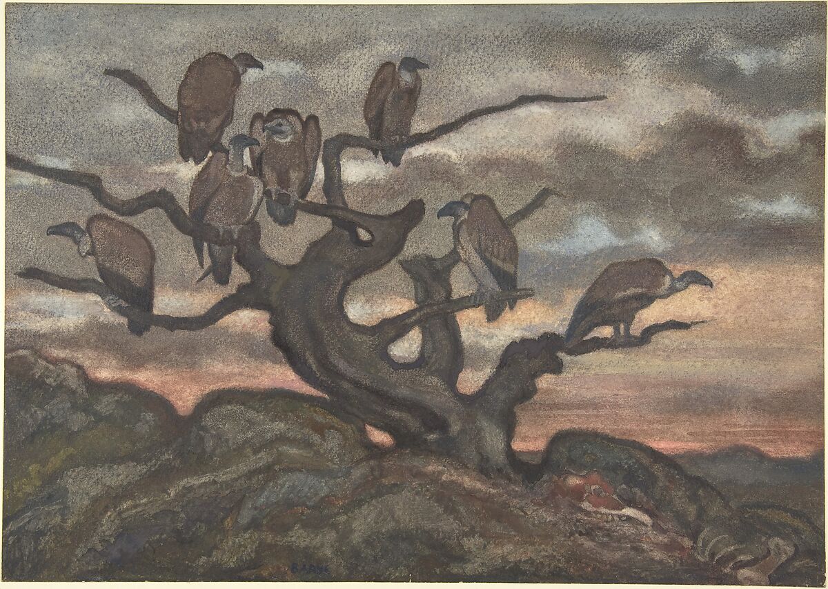 Vultures on a Tree, Antoine-Louis Barye (French, Paris 1795–1875 Paris), Watercolor on wove paper 