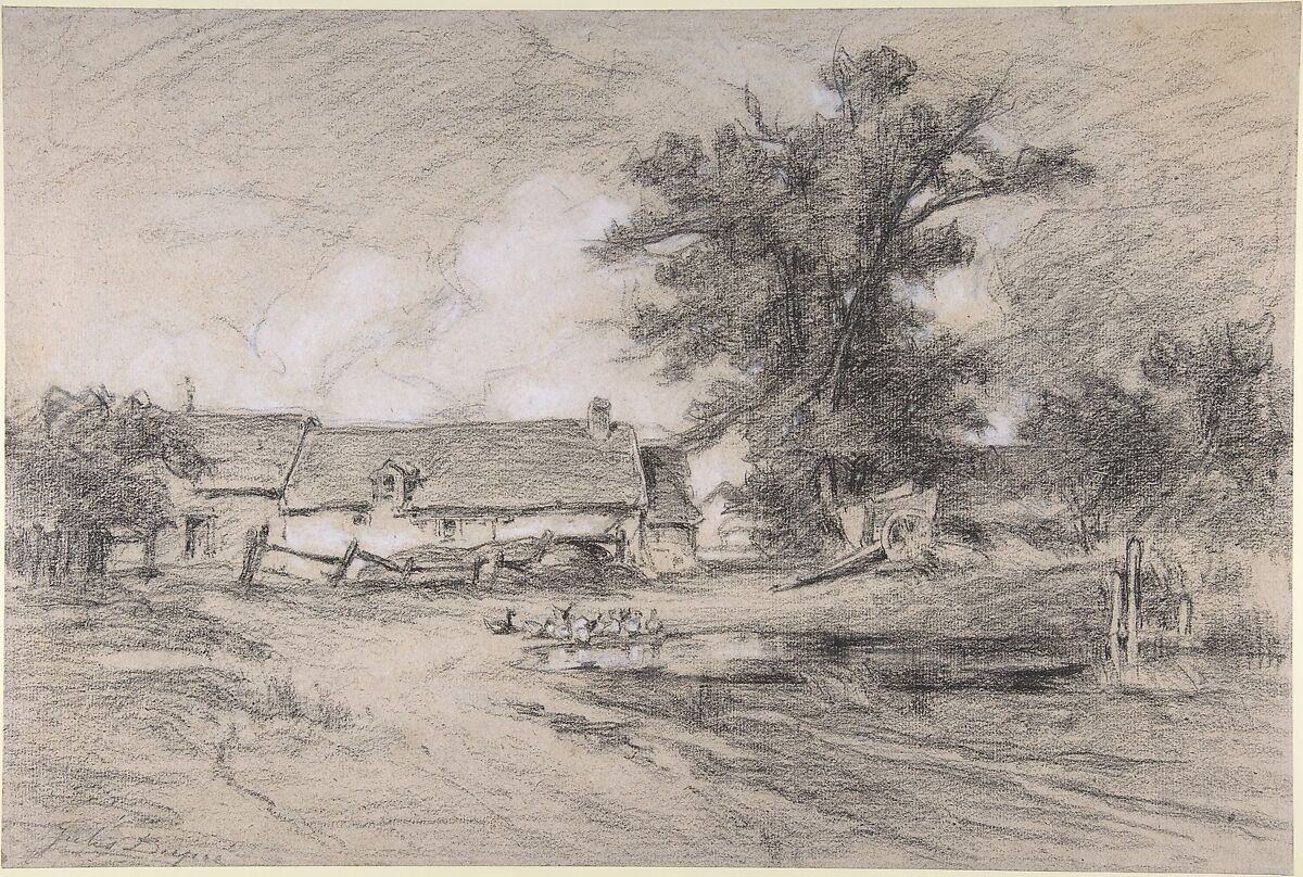 Farmyard with Ducks, Jules Dupré (French, Nantes 1811–1889 L&#39;Isle-Adam), Charcoal and white chalk 