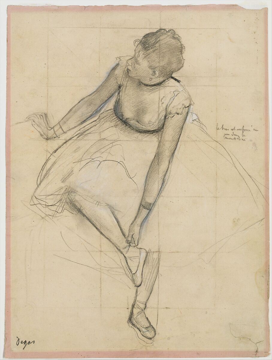 Dancer Adjusting Her Slipper, Edgar Degas (French, Paris 1834–1917 Paris), Graphite heightened with black and white chalk on pink wove paper (now faded); squared for transfer