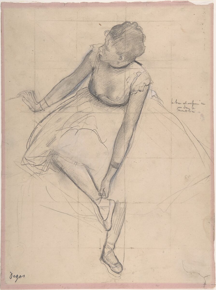 Dancer Adjusting Her Slipper, Edgar Degas (French, Paris 1834–1917 Paris), Graphite heightened with black and white chalk on pink wove paper (now faded); squared for transfer 
