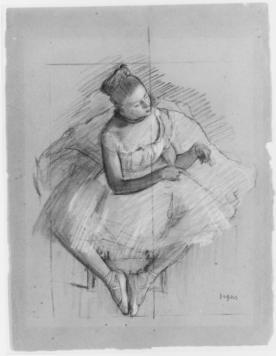 Seated Dancer, Edgar Degas (French, Paris 1834–1917 Paris), Graphite and charcoal heightened with white on pink wove paper;squared for transfer