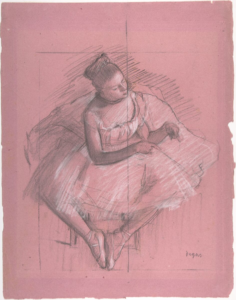 Seated Dancer, Edgar Degas (French, Paris 1834–1917 Paris), Graphite and charcoal heightened with white on pink wove paper;squared for transfer 