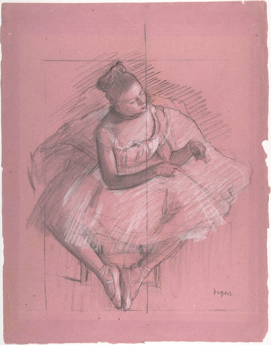 Seated Dancer, Edgar Degas  French, Graphite and charcoal heightened with white on pink wove paper;squared for transfer