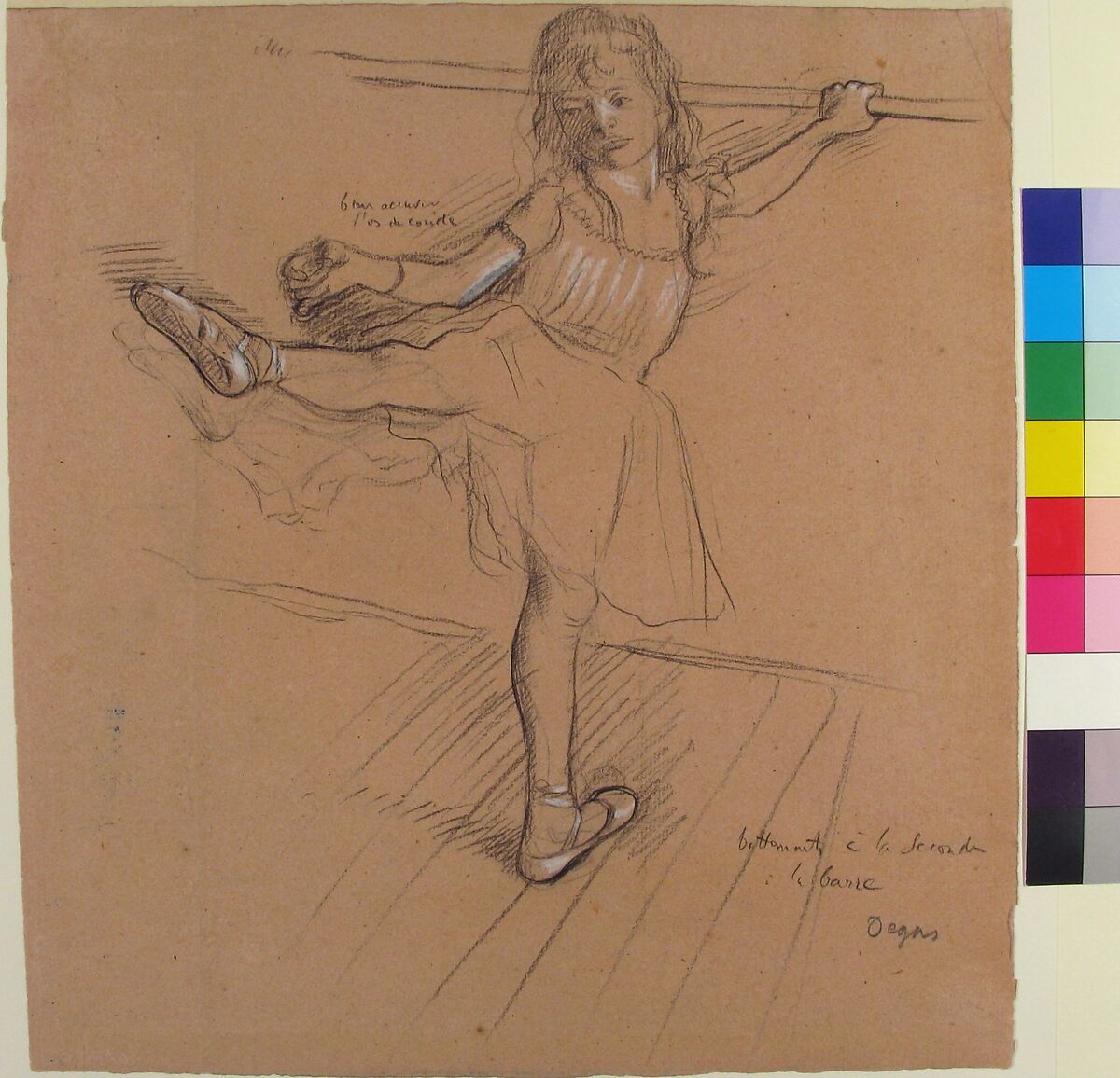 Little Girl Practicing at the Bar, Edgar Degas (French, Paris 1834–1917 Paris), Black chalk and graphite, heightened with white chalk on pink laid paper