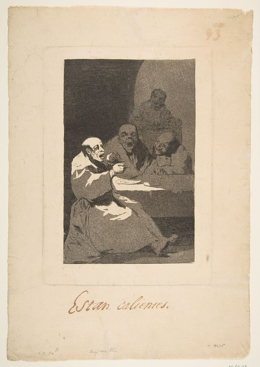 Plate 13 from 'Los Caprichos':They are Hot (Estan Calientes), Goya (Francisco de Goya y Lucientes) (Spanish, Fuendetodos 1746–1828 Bordeaux), Etching, aquatint, before burnishing of the aquatint 