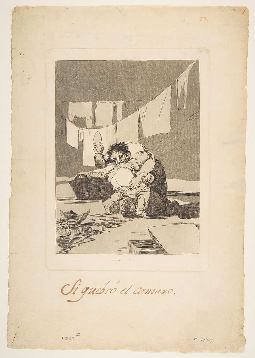 Plate 25 from 'Los Caprichos': If he broke the pot (Si quebró el cantaro.), Goya (Francisco de Goya y Lucientes) (Spanish, Fuendetodos 1746–1828 Bordeaux), Etching, aquatint, before drypoint 