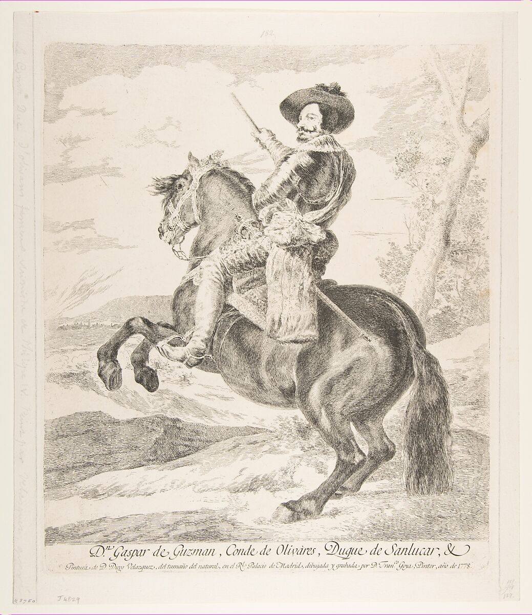 Gaspar de Guzmán, Count Duke of Olivares on horseback, after Velázquez, Goya (Francisco de Goya y Lucientes) (Spanish, Fuendetodos 1746–1828 Bordeaux), Etching 