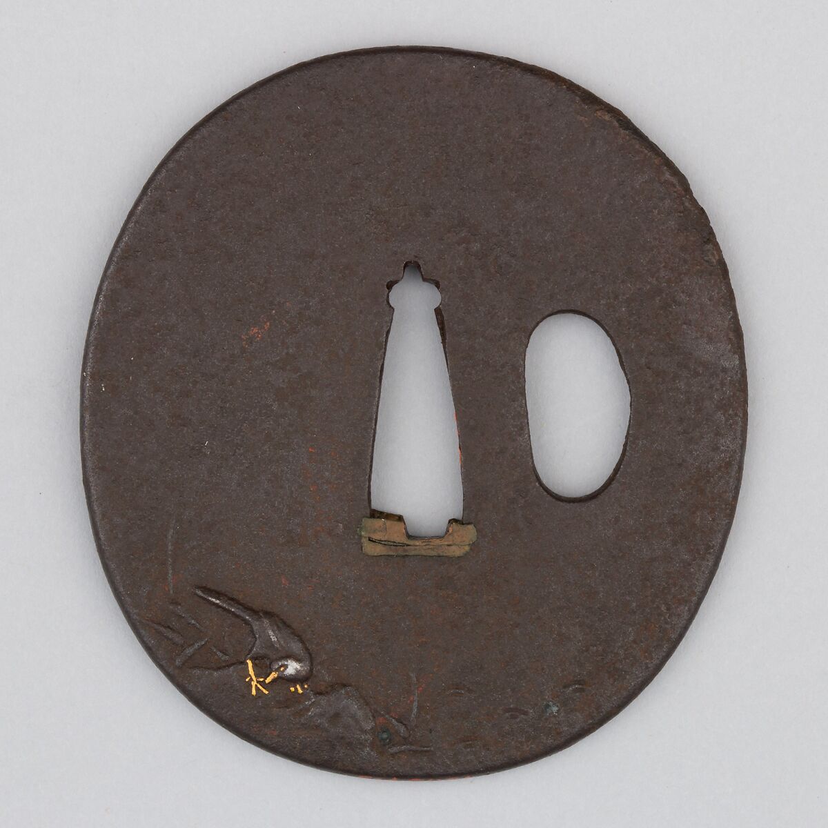 Sword Guard (Tsuba), Iron, copper, gold, copper-silver alloy (shibuichi), Japanese 