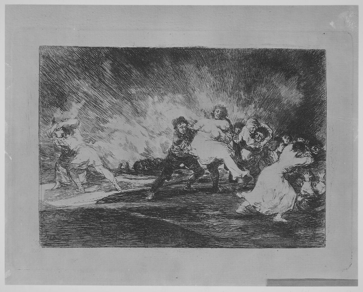 Plate 41 from "The Disasters of War" (Los Desastres de La Guerra): 'They escape through the flames' (Escapan entre las llamas), Goya (Francisco de Goya y Lucientes) (Spanish, Fuendetodos 1746–1828 Bordeaux), Etching, burin (proof impression)