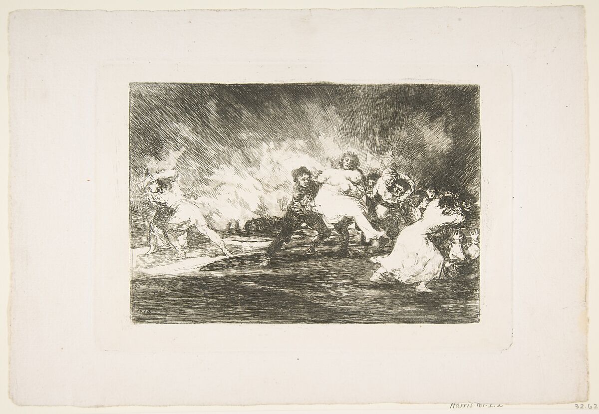 Plate 41 from "The Disasters of War" (Los Desastres de La Guerra): 'They escape through the flames' (Escapan entre las llamas), Goya (Francisco de Goya y Lucientes) (Spanish, Fuendetodos 1746–1828 Bordeaux), Etching, burin (proof impression) 