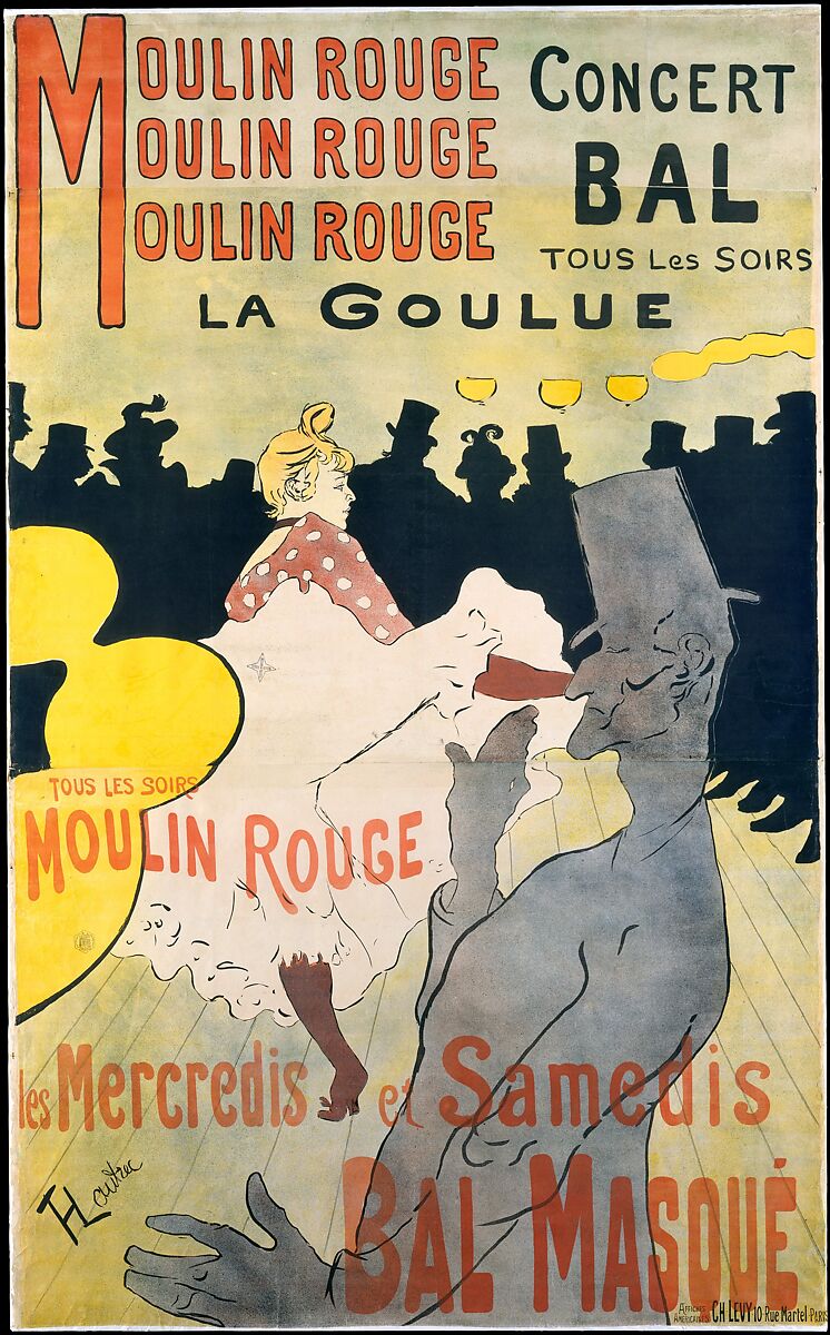 Moulin Rouge:  La Goulue, Henri de Toulouse-Lautrec (French, Albi 1864–1901 Saint-André-du-Bois), Lithograph printed in four colors.  Three sheets of wove paper. 