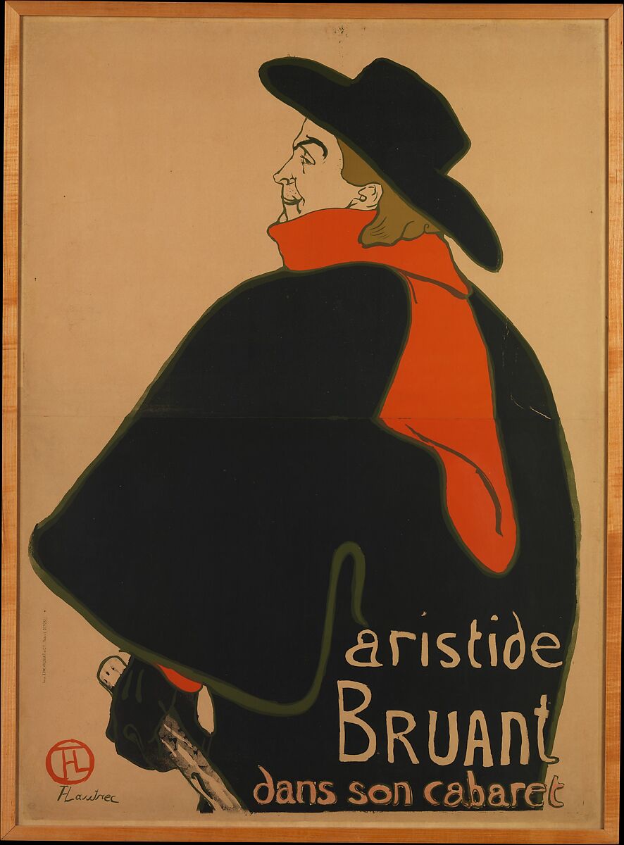 Aristide Bruant, at His Cabaret, Henri de Toulouse-Lautrec (French, Albi 1864–1901 Saint-André-du-Bois), Lithograph (with text) printed in four colors; machine wove paper 