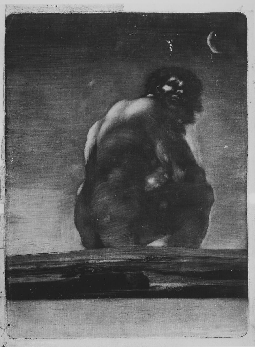 Seated Giant, Goya (Francisco de Goya y Lucientes) (Spanish, Fuendetodos 1746–1828 Bordeaux), Burnished aquatint, scaper, roulette, lavis (along the top of the landscape and within the landscape)