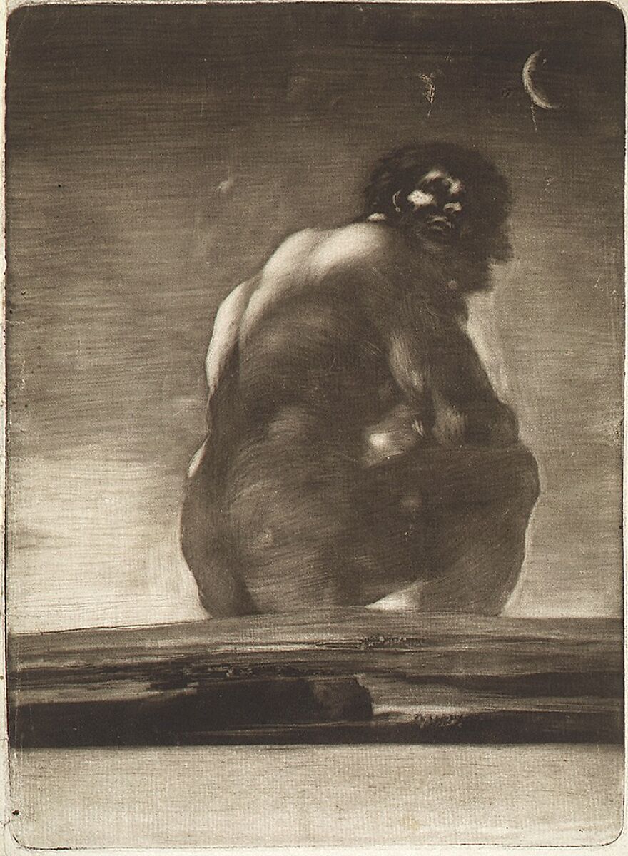 Seated Giant, Goya (Francisco de Goya y Lucientes) (Spanish, Fuendetodos 1746–1828 Bordeaux), Burnished aquatint, scaper, roulette, lavis (along the top of the landscape and within the landscape)