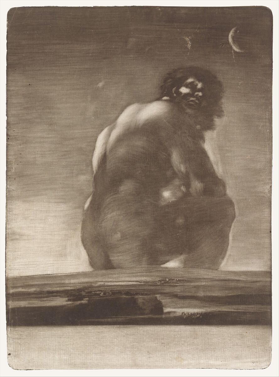 Seated Giant, Goya (Francisco de Goya y Lucientes) (Spanish, Fuendetodos 1746–1828 Bordeaux), Burnished aquatint, scaper, roulette, lavis (along the top of the landscape and within the landscape)
