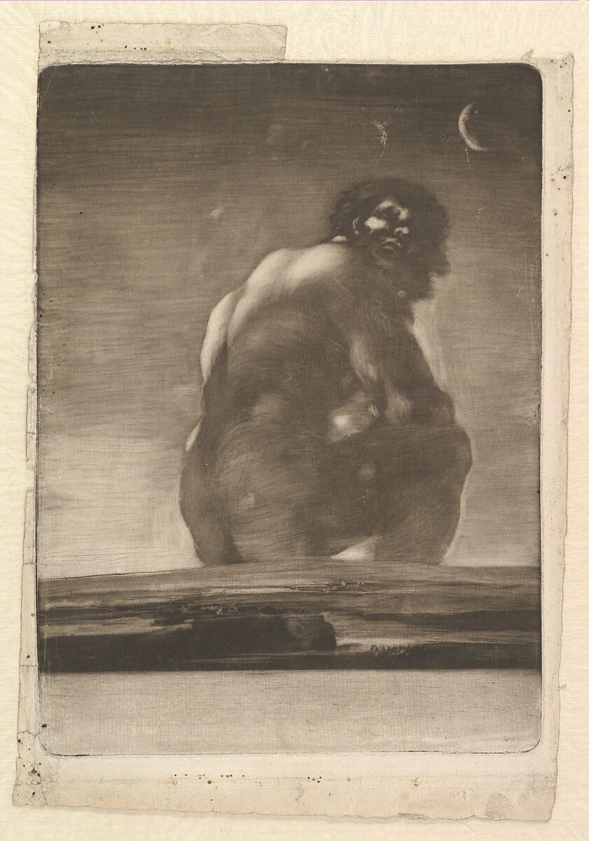 Seated Giant, Goya (Francisco de Goya y Lucientes) (Spanish, Fuendetodos 1746–1828 Bordeaux), Burnished aquatint, scaper, roulette, lavis (along the top of the landscape and within the landscape) 