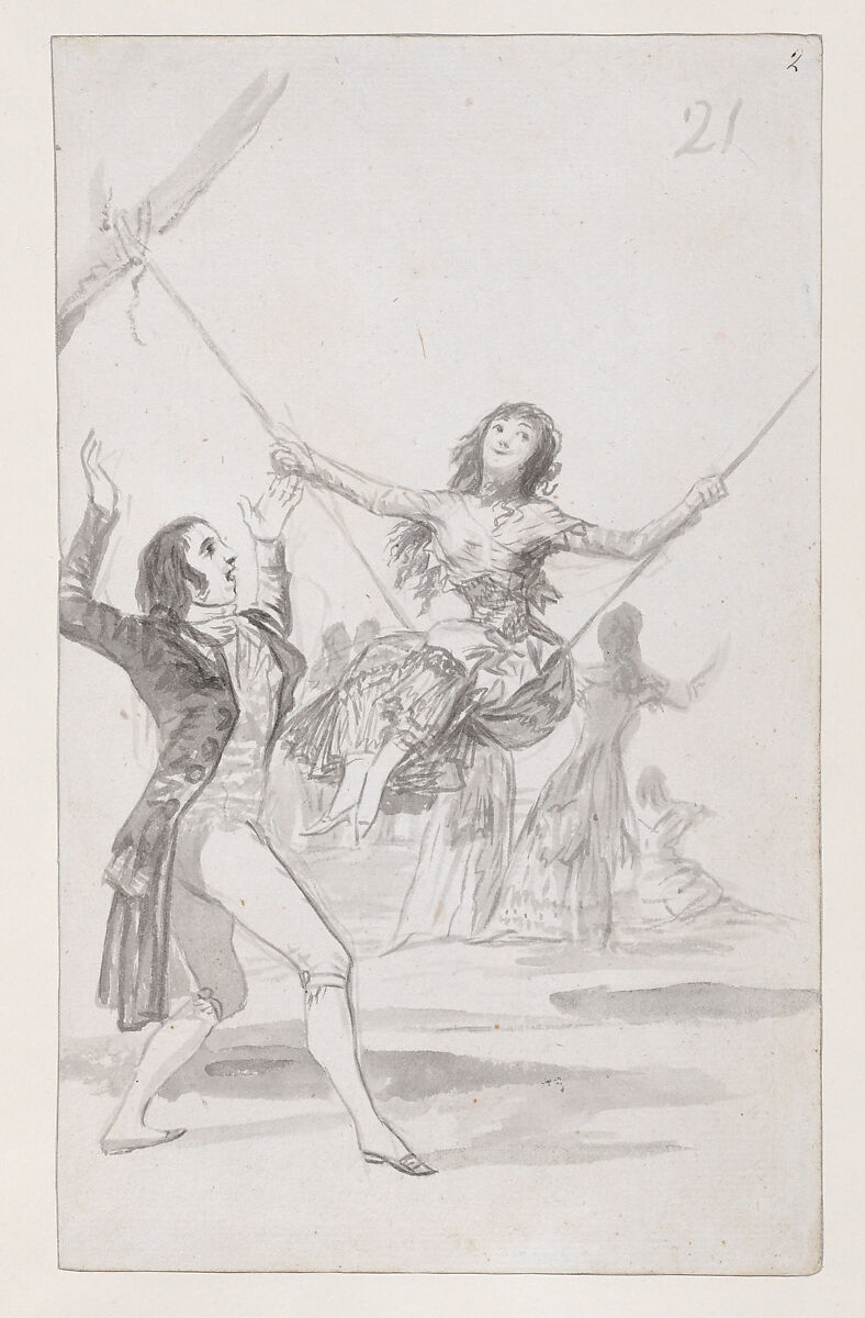 Girl on a swing, a man with his arms raised; folio 21 (recto) from the Madrid Album "B", Goya (Francisco de Goya y Lucientes) (Spanish, Fuendetodos 1746–1828 Bordeaux), Brush and point of brush, carbon black washes, on laid paper 