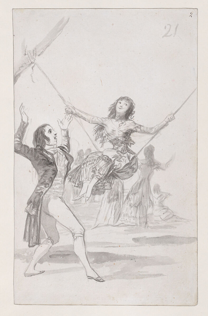 Girl on a swing, a man with his arms raised; folio 21 (recto) from the Madrid Album "B", Goya (Francisco de Goya y Lucientes)  Spanish, Brush and point of brush, carbon black washes, on laid paper