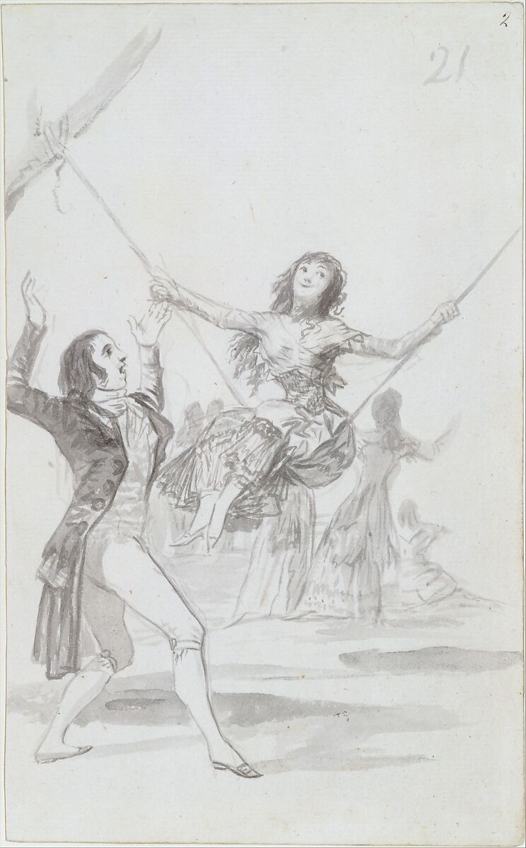 Girl on a swing, a man with his arms raised; folio 21 (recto) from the Madrid Album "B", Goya (Francisco de Goya y Lucientes) (Spanish, Fuendetodos 1746–1828 Bordeaux), Brush and point of brush, carbon black washes