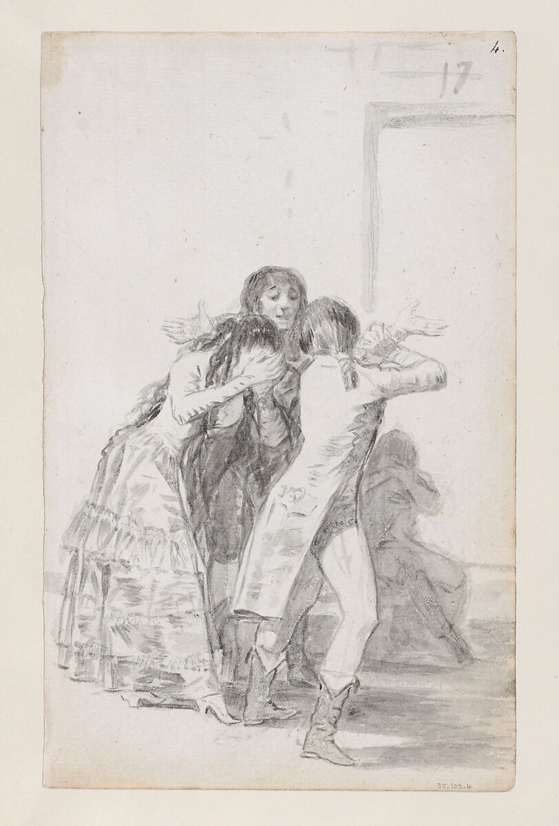 Young woman weeping and covering her face with her hands, accompanied by men; folio 17 (recto) from the Madrid Album "B", Goya (Francisco de Goya y Lucientes) (Spanish, Fuendetodos 1746–1828 Bordeaux), Brush and point of brush, carbon black washes, black chalk, on laid paper 