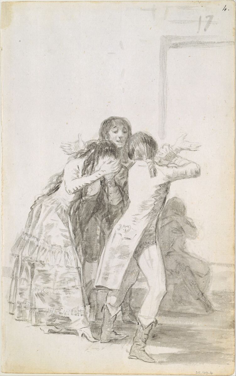 Young woman weeping and covering her face with her hands, accompanied by men; folio 17 (recto) from the Madrid Album "B", Goya (Francisco de Goya y Lucientes) (Spanish, Fuendetodos 1746–1828 Bordeaux), Brush and point of brush, carbon black washes, black chalk