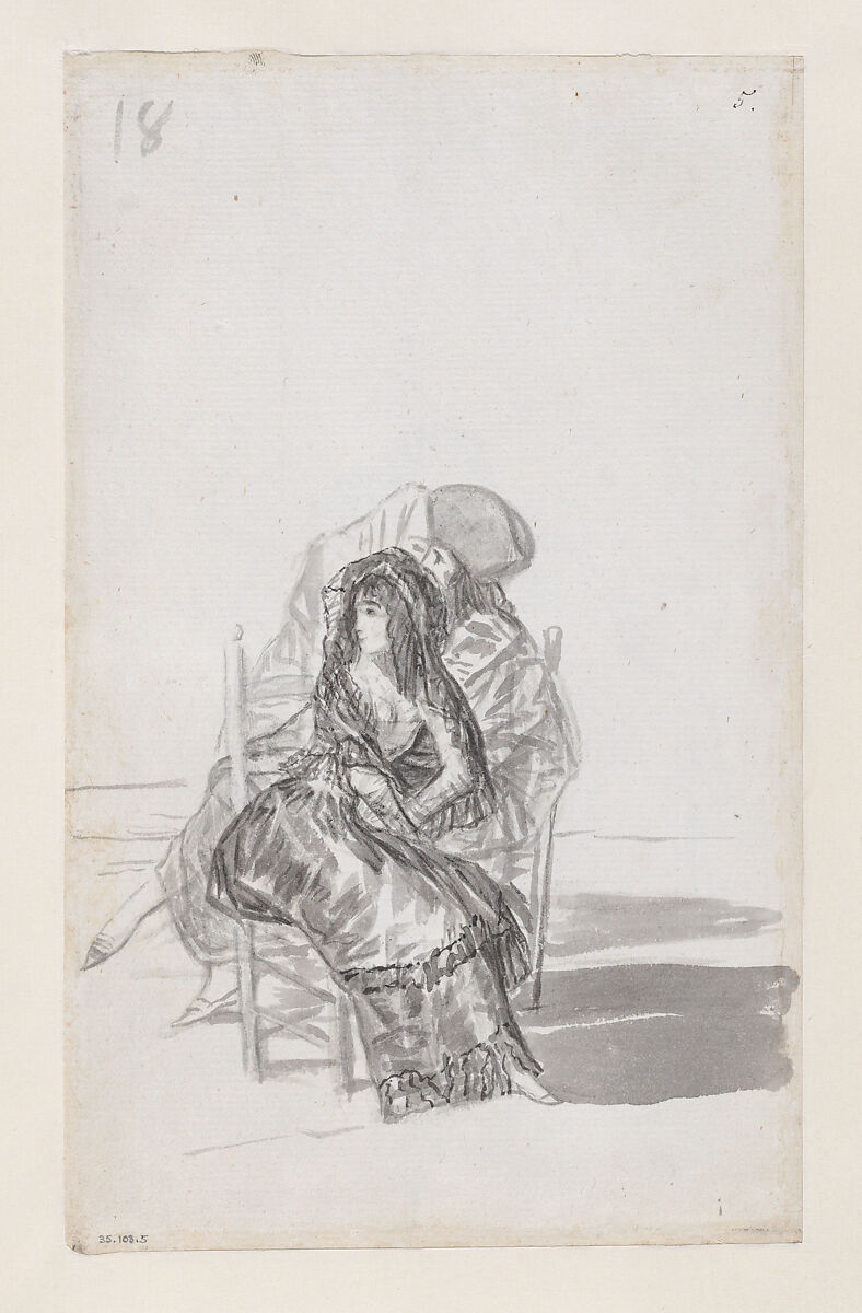 Maja seated on a chair and two companions behind; folio 18 (verso) from the Madrid Album "B", Goya (Francisco de Goya y Lucientes)  Spanish, Brush and point of brush, carbon black washes, on laid paper