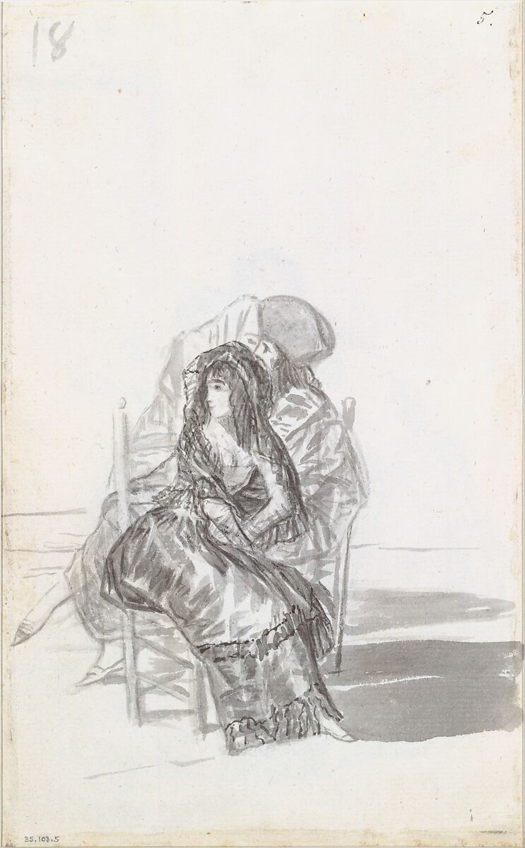 Maja seated on a chair and two companions behind; folio 18 (verso) from the Madrid Album "B", Goya (Francisco de Goya y Lucientes) (Spanish, Fuendetodos 1746–1828 Bordeaux), Brush and point of brush, carbon black washes