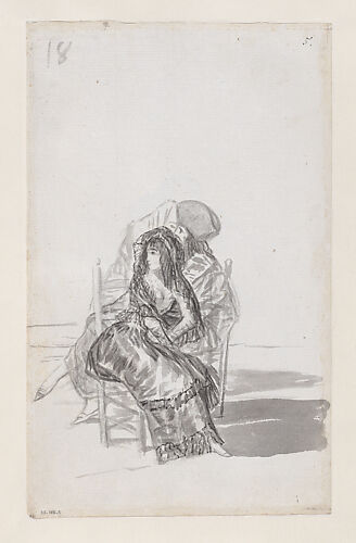 Maja seated on a chair and two companions behind; folio 18 (verso) from the Madrid Album 