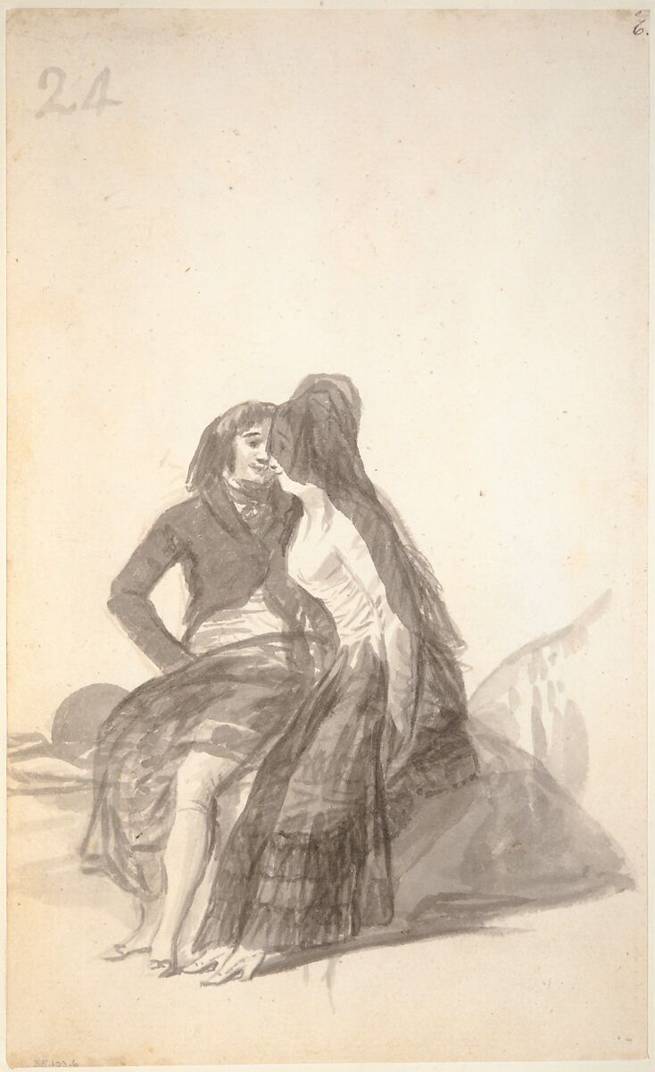 Lovers Sitting on a Rock; folio 24 (verso) from the Madrid Album "B", Goya (Francisco de Goya y Lucientes) (Spanish, Fuendetodos 1746–1828 Bordeaux), Brush and point of brush, carbon black washes