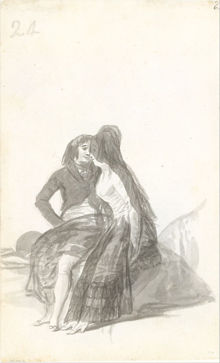 Lovers Sitting on a Rock; folio 24 (verso) from the Madrid Album "B", Goya (Francisco de Goya y Lucientes) (Spanish, Fuendetodos 1746–1828 Bordeaux), Brush and point of brush, carbon black washes