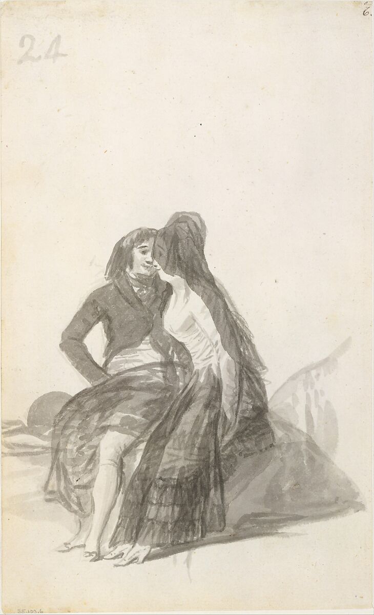 Lovers Sitting on a Rock; folio 24 (verso) from the Madrid Album "B", Goya (Francisco de Goya y Lucientes)  Spanish, Brush and point of brush, carbon black washes, on laid paper