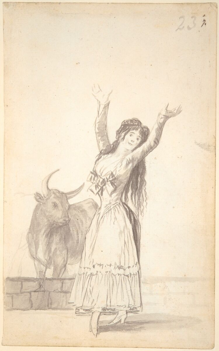 A young woman dancing, her arms raised, a bull in the background; folio 23 (recto) from the Madrid Album "B", Goya (Francisco de Goya y Lucientes) (Spanish, Fuendetodos 1746–1828 Bordeaux), Brush and point of brush, carbon black washes