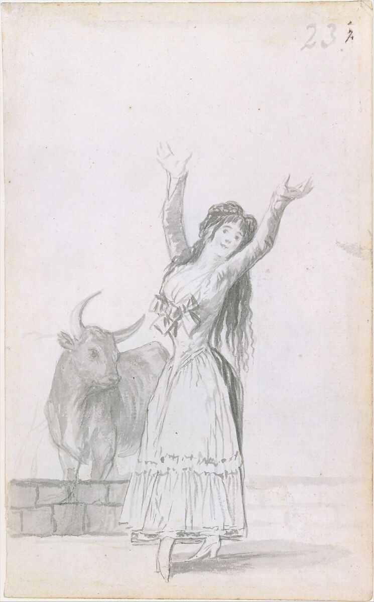 A young woman dancing, her arms raised, a bull in the background; folio 23 (recto) from the Madrid Album "B", Goya (Francisco de Goya y Lucientes) (Spanish, Fuendetodos 1746–1828 Bordeaux), Brush and point of brush, carbon black washes, on laid paper 