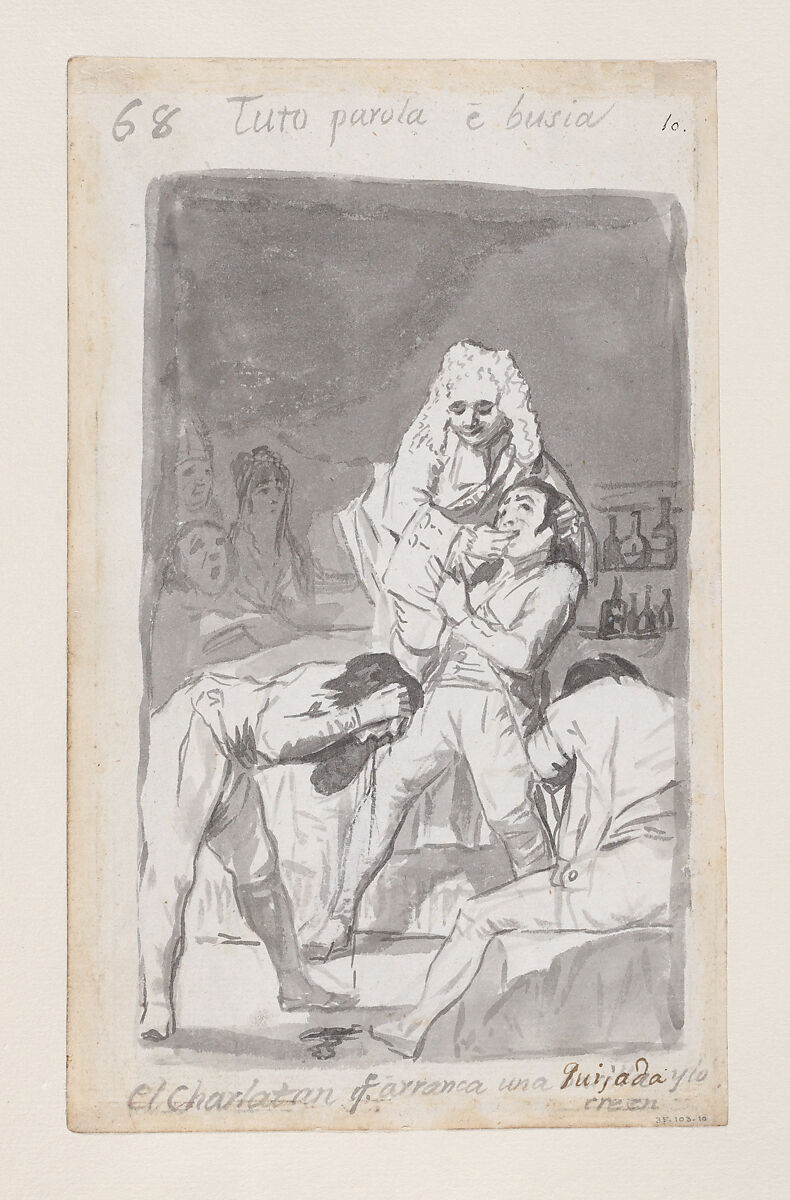 A charlatan extracting a tooth from a patient's mouth, figure in the foreground vomiting; folio 68 (verso) from the Madrid Album "B"
, Goya (Francisco de Goya y Lucientes)  Spanish, Brush and point of brush, scraper, carbon black washes, on laid paper