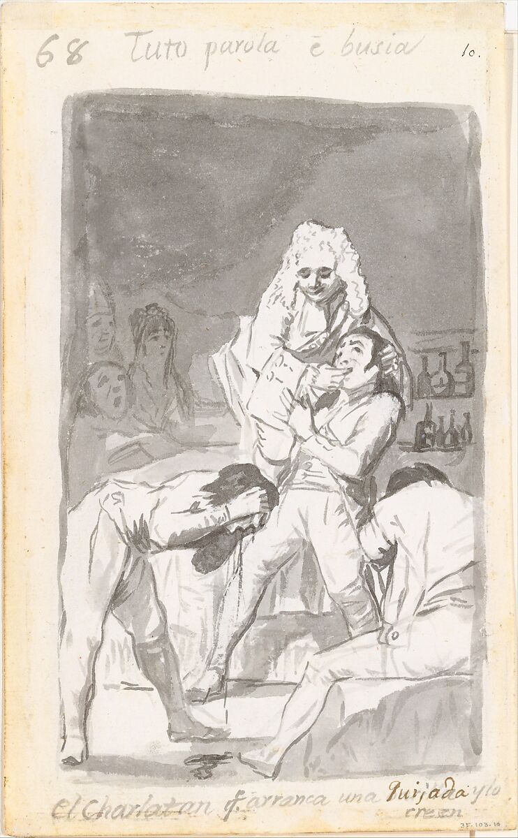 A charlatan extracting a tooth from a patient's mouth, figure in the foreground vomiting; folio 68 (verso) from the Madrid Album "B", Goya (Francisco de Goya y Lucientes) (Spanish, Fuendetodos 1746–1828 Bordeaux), Brush and point of brush, scraper, carbon black washes