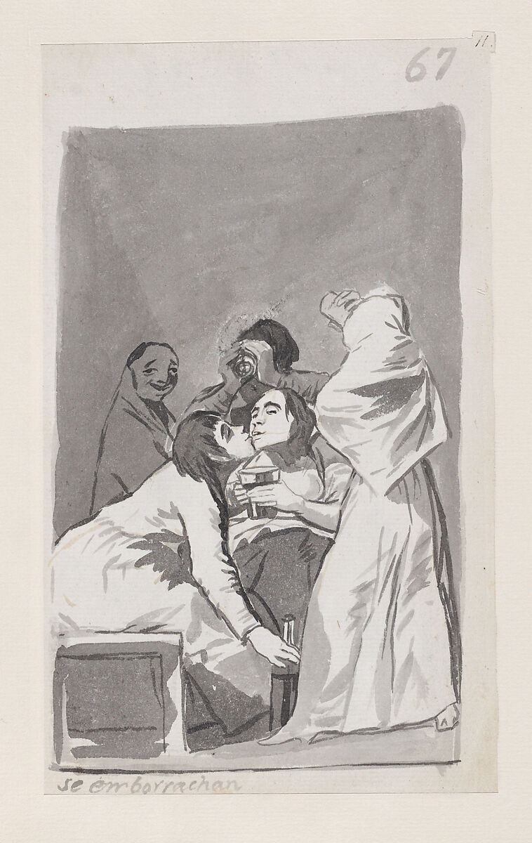 They are getting drunk; folio 67 (recto) from the Madrid Album "B", Goya (Francisco de Goya y Lucientes) (Spanish, Fuendetodos 1746–1828 Bordeaux), Brush and point of brush, scraper, carbon black washes, on laid paper 