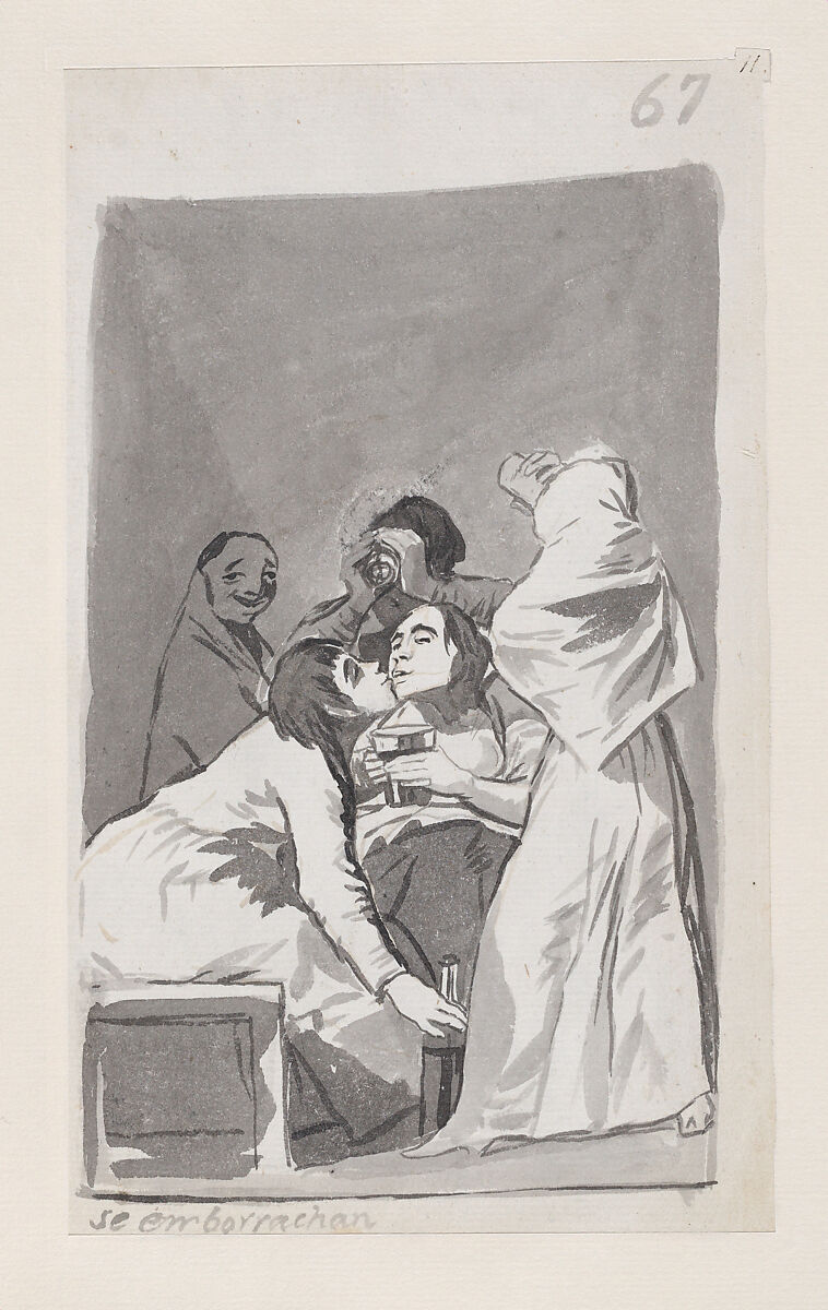 They are getting drunk; folio 67 (recto) from the Madrid Album "B", Goya (Francisco de Goya y Lucientes)  Spanish, Brush and point of brush, scraper, carbon black washes, on laid paper