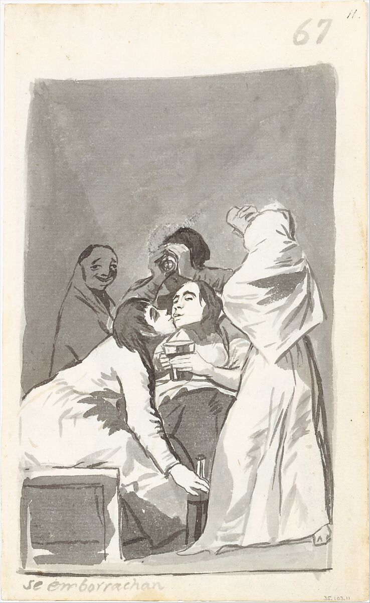 They are getting drunk; folio 67 (recto) from the Madrid Album "B", Goya (Francisco de Goya y Lucientes) (Spanish, Fuendetodos 1746–1828 Bordeaux), Brush and point of brush, scraper, carbon black washes