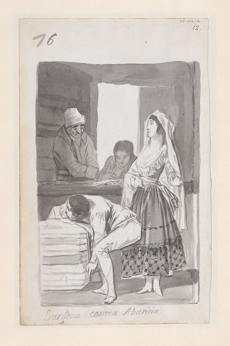 Generosity versus Greed; a woman and three men conducting a transaction inside a shop; folio 76 (recto) from the Madrid Album "B", Goya (Francisco de Goya y Lucientes) (Spanish, Fuendetodos 1746–1828 Bordeaux), Brush and point of brush, carbon black washes, on laid paper 
