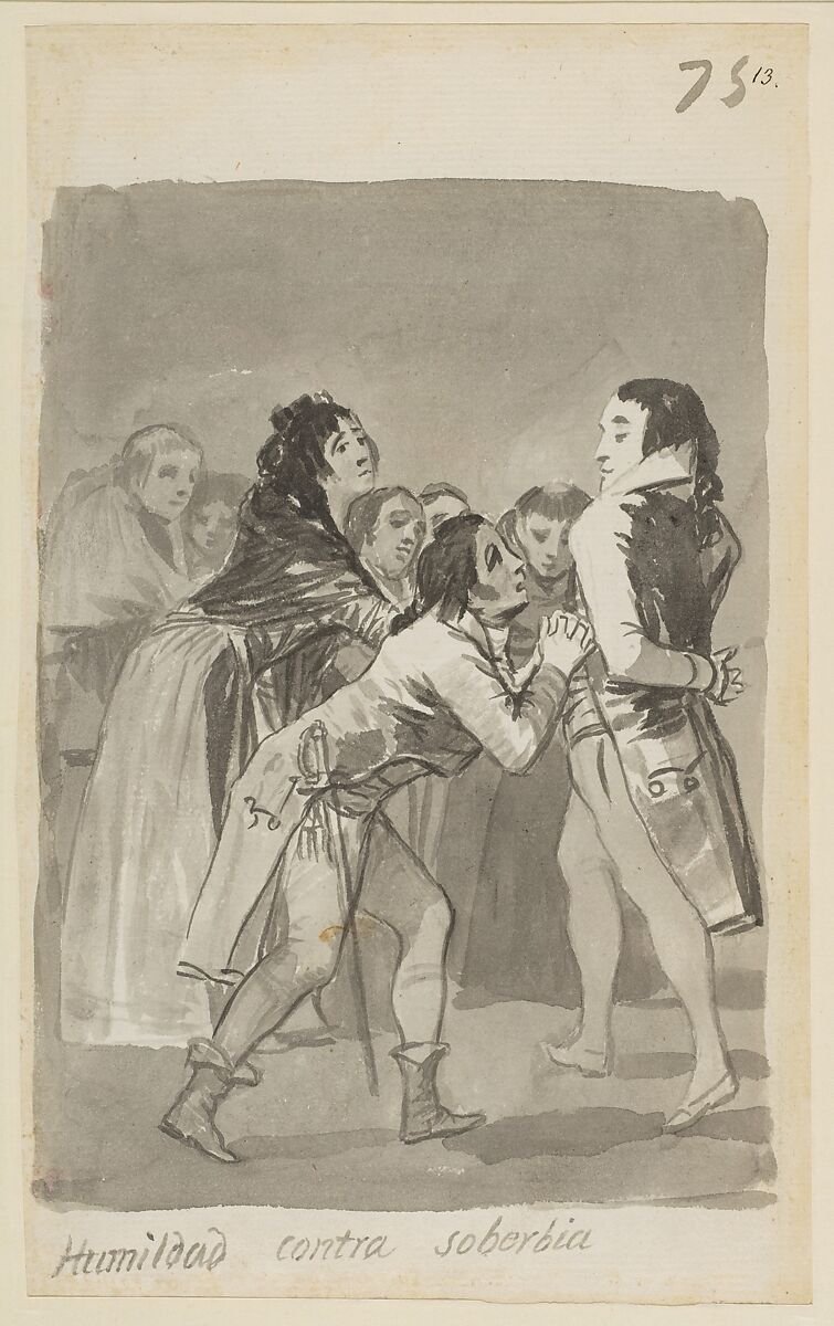 Humility versus Pride; a young man imploring an older man with other figures in front of them; folio 75 (recto) from the Madrid Album "B", Goya (Francisco de Goya y Lucientes)  Spanish, Brush and point of brush, carbon black washes, on laid paper