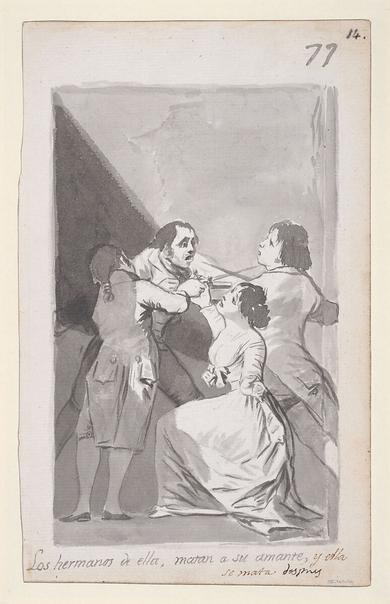 Two brothers killing their sister's lover in her presence; folio 77 (recto) from the Madrid Album "B", Goya (Francisco de Goya y Lucientes) (Spanish, Fuendetodos 1746–1828 Bordeaux), Brush and point of brush, carbon black washes, on laid paper 