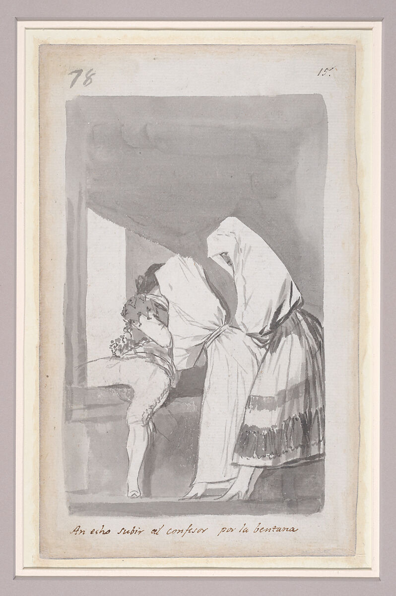 Two women helping a confessor to climb through a window; folio 78 (verso) from the Madrid Album "B", Goya (Francisco de Goya y Lucientes)  Spanish, Brush and point of brush, carbon black washes, on laid paper