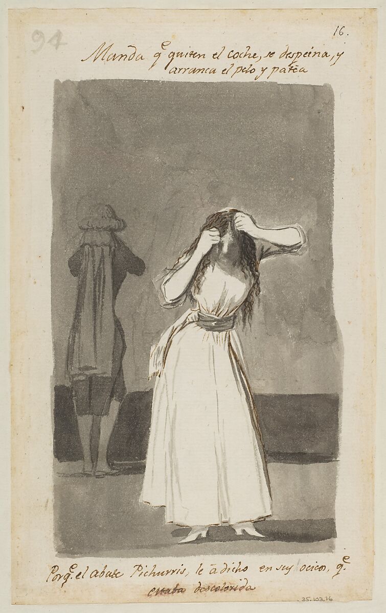 Woman throwing a tantrum and pulling her hair; folio 94 (verso) from the Madrid Album "B", Goya (Francisco de Goya y Lucientes) (Spanish, Fuendetodos 1746–1828 Bordeaux), Brush and point of brush, carbon black washes, touches of pen and brown ink, on laid paper 