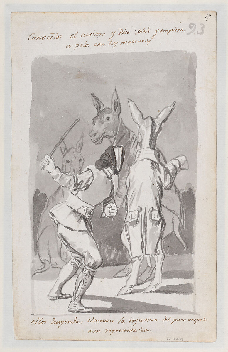 Masquerading asses being whipped; folio 93 (recto) from the Madrid Album "B", Goya (Francisco de Goya y Lucientes) (Spanish, Fuendetodos 1746–1828 Bordeaux), Brush and point of brush, carbon black washes, touches of pen and brown ink, on laid paper 