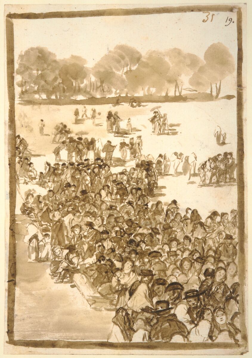 Crowd in a Park; page 31 from the "Images of Spain" album (F), Goya (Francisco de Goya y Lucientes) (Spanish, Fuendetodos 1746–1828 Bordeaux), Brush, bistre and brown ink wash, traces of black chalk